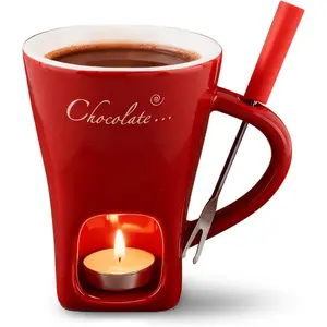Mini Ceramic Chocolate Melting Cup Set Multifunction Fondue Pot with Fork Candle for Chocolate Cheese Butter, Perfect for Home Party Birthday Date Night Wedding Gifts Red