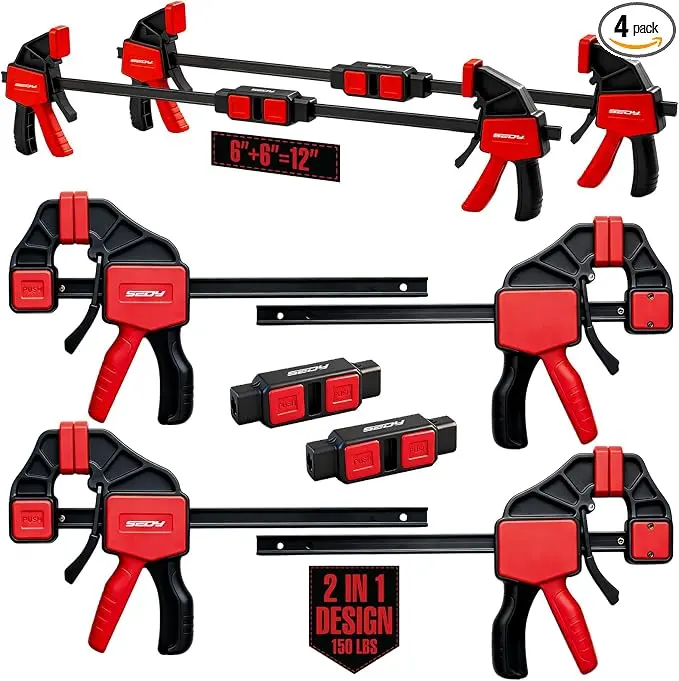 SEDY 6-Pack 6 Inches Quick-Release Wood Clamps with Connector Set, 150 LBS Load Limit 1-Handed Trigger Adjustable Clamps for Woodworkers, Ideal for Woodworking DIY Projects