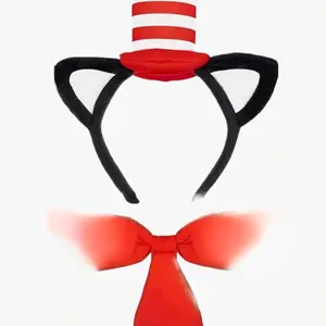 dr seuss hat Cat Ears Headband with Hat Red and White Striped Hat and Bow Tie Set Cat and Hat Costume Headwear Accessories for Women Men Halloween Christmas Party Supplies Party Favors