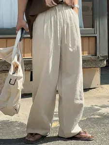 Men's Summer Linen, Breathable Loose Fit Palazzo Pants Drawstring Tie Front Boho Beach Trousers With Pocket Casual Solid Color Soft Elastic Waist Lounge Pants Travel Vacation Bottoms Date Brunch Home Work Streetwear Casual Fashion Loose