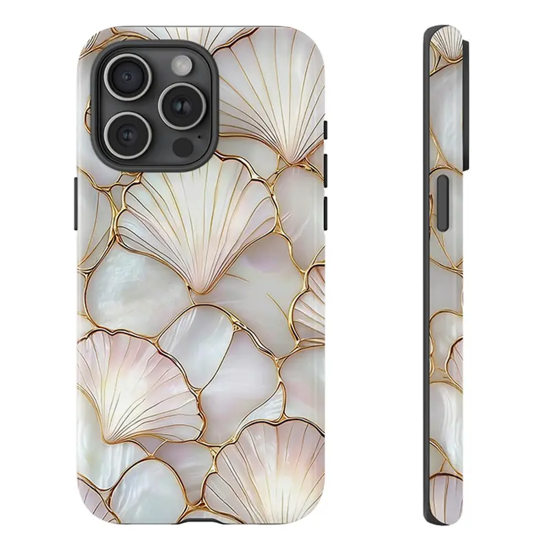 Stained Flat-Print Seashell Smartphone Case - Shockproof Rugged Dual-Layer Soft TPU Hard Bumper Cover for iPhone 7/8/X/XR/11/12/13/14/15/16/17 Pro Max Plus Air, Faux Mosaic Coquette Coastal Handheld Cellphone Protection for Devices, Casing