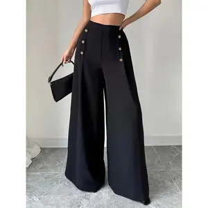 Women’s solid color wide-leg pants with button decoration, casual comfortable trousers for work, office, and business, ladies’ bottoms for all seasons