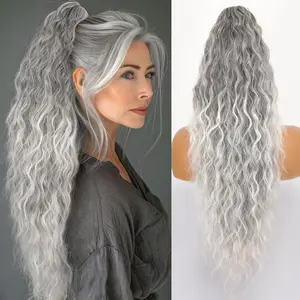 Ponytail Extension Claw 26" Curly Pony Tail Clip in Claw Hair Extensions Fluffy Natural Looking Synthetic Hairpiece for Women Omber Grey