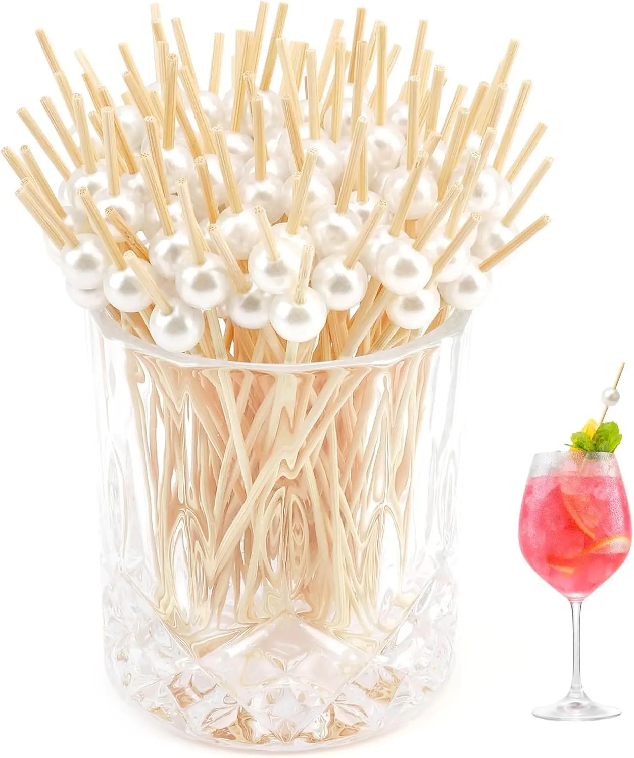 150Pcs 4.72Inch White Pearl Fancy Toothpicks Decorative Drink Picks Long Wood Bamboo Toothpicks Cute Charcuterie Cocktail Skewers for Appetizers