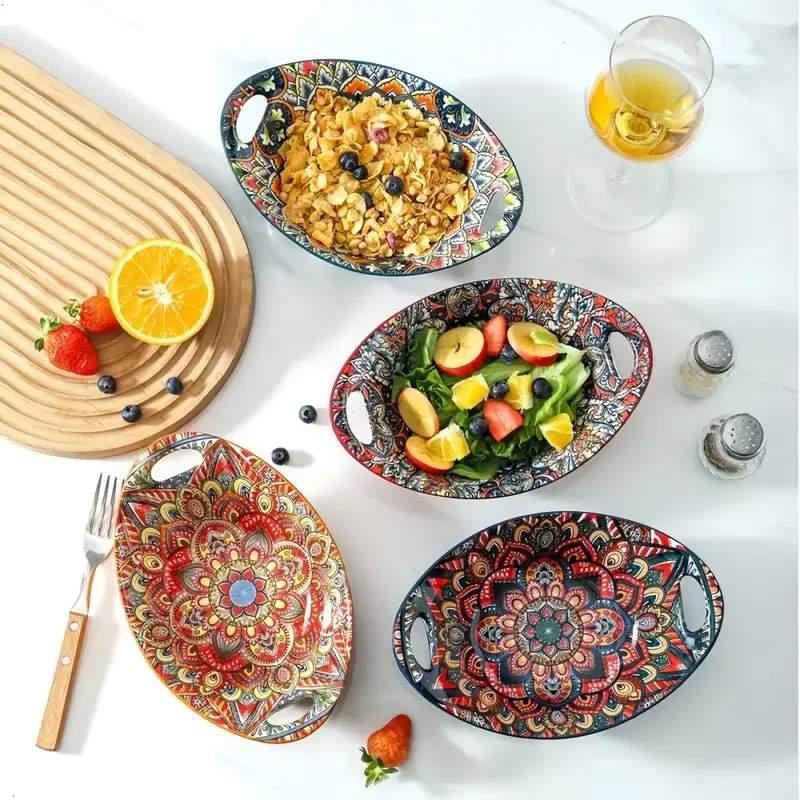 Boho Style Oval Shaped Salad Bowl, Colorful Ceramic Fruit Bowl, Food Bowl, Dessert Bowl, Housewarming Gift, Salad Serving Bowls, Ceramic Salad Bowls