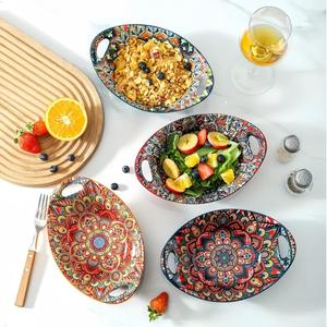 boho style oval shaped salad bowl, colorful ceramic fruit bowl, food bowl, dessert bowl, housewarming gift, ceramic salad bowls