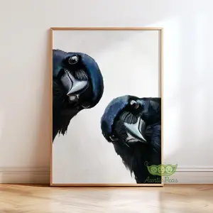 [Sale off up to 50%] [Free ship] [No Frame] Whimsical Crows Wall Art, Curious Bird Painting, Raven Portrait Art Print, Moody Animal Artwork, Modern Rustic Home Decor, Bird Lover Gift