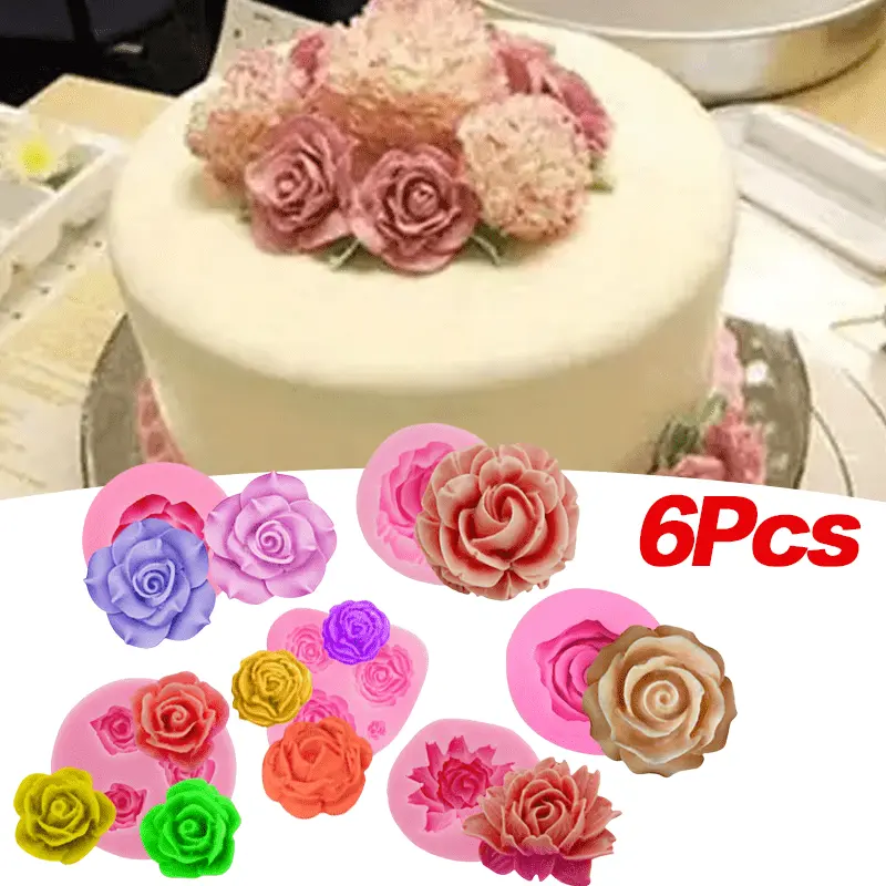 6 Pack Flower Silicone Molds Set, 3D Rose Flower Fondant Molds for Soap Candle Making, Cake Flower Molds for Chocolate Candy Pastry Dessert