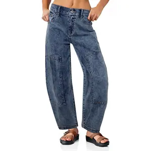 Shewin 2026 Summer Women's Basic High-Stretch Cotton Patchwork Barrel Leg Jeans - Breathable Curved Fit Casual Streetwear Pants with Zipper Fly