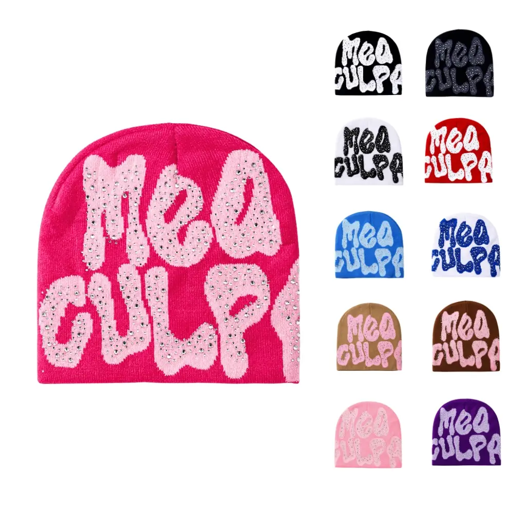 Mea Culpa Rhinestone Letter Print Knit Beanie, Sparkly Crystal Decor Slouchy Skull Cap, Soft Stretch Warm Winter Street‑Style Headwear, Multiple Colors Available