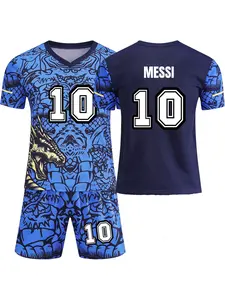 2-piece boys' sporty set with name MESSI, jersey number 10, summer soccer uniform, refreshing dragon pattern print, trendy short-sleeved shirt and shorts set, Sports Jersey Top