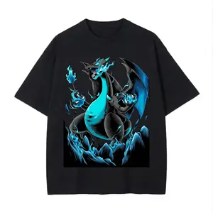 Mega Charizard X Vintage Gym Tee | Blue Flame Dragon Anime Graphic T-Shirt | Retro Pocket Monster Streetwear Shirt | Unisex Oversized Workout Tee | Anime Fan Gift