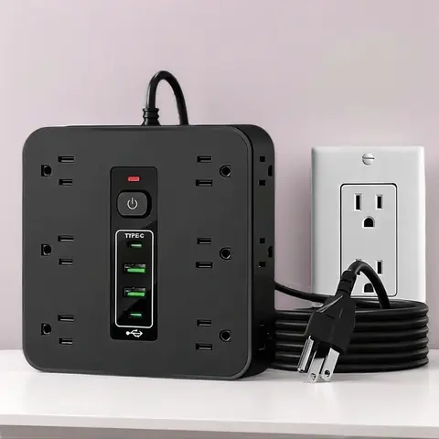 16-in-1 Square Multiplug Wall Outlet Extender, Surge Protector Power Strip with 12 AC Outlet Plugs, 2 USB Ports, 2 Type-C Ports, Universal Socket for Indoor, Office Use, Multi-Charge Functionality