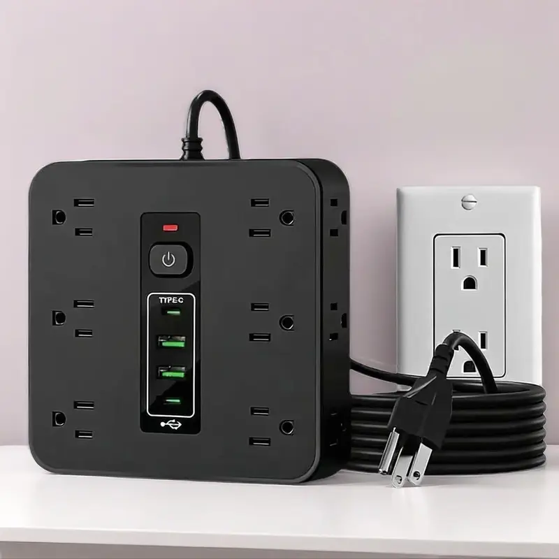 16-in-1 Square Multiplug Wall Outlet Extender, Surge Protector Power Strip with 12 AC Outlet Plugs, 2 USB Ports, 2 Type-C Ports, Universal Socket for Indoor, Office Use, Multi-Charge Functionality
