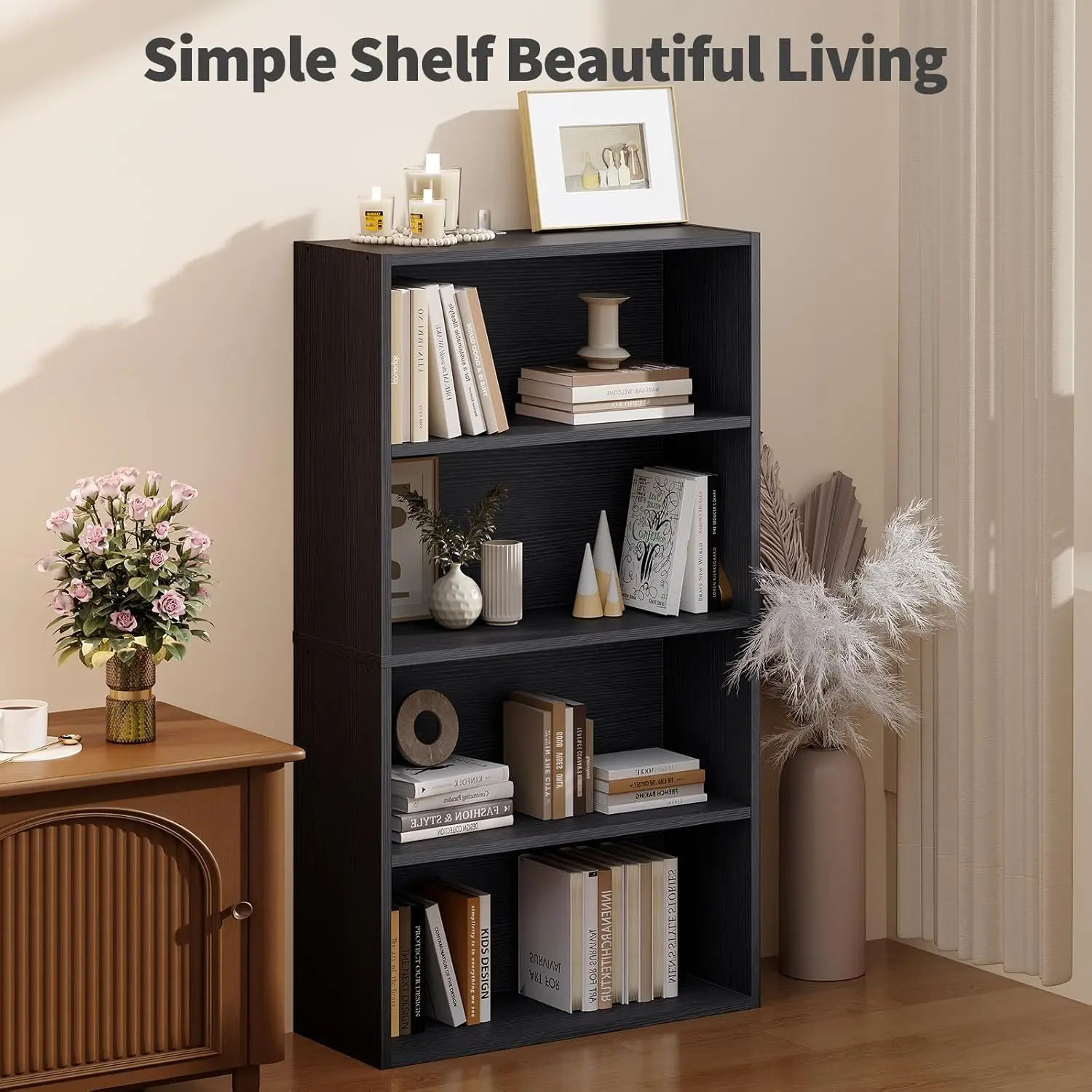 Industrial 4-Tier Floor Standing Bookcase - 31.5in Tall Large Open Storage Display Shelf Organizer for Home Office, Living Room