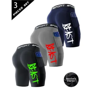 Men's 3-Pack Compression Shorts with" Beast" Print, Breathable Fitness Shorts, Quick-Dry and Stretch Fabric, Suitable for Gym, Running and Basketball