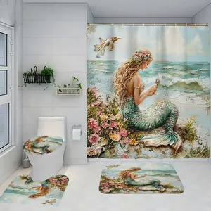 1/4 piece Golden Mermaid design bathroom set, Bathroom Decoration Accessories, including soft floor mat, toilet seat cushion, shower curtain, creating decoration for home decor. The floor mat has good rebound, water absorption, anti slip