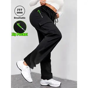 HIDKAT Women's Letter Green Cargo Pants with Zip Pockets Drawstring Waist Casual Style Non-Stretch Fabric for Outdoor Running and Daily Wear