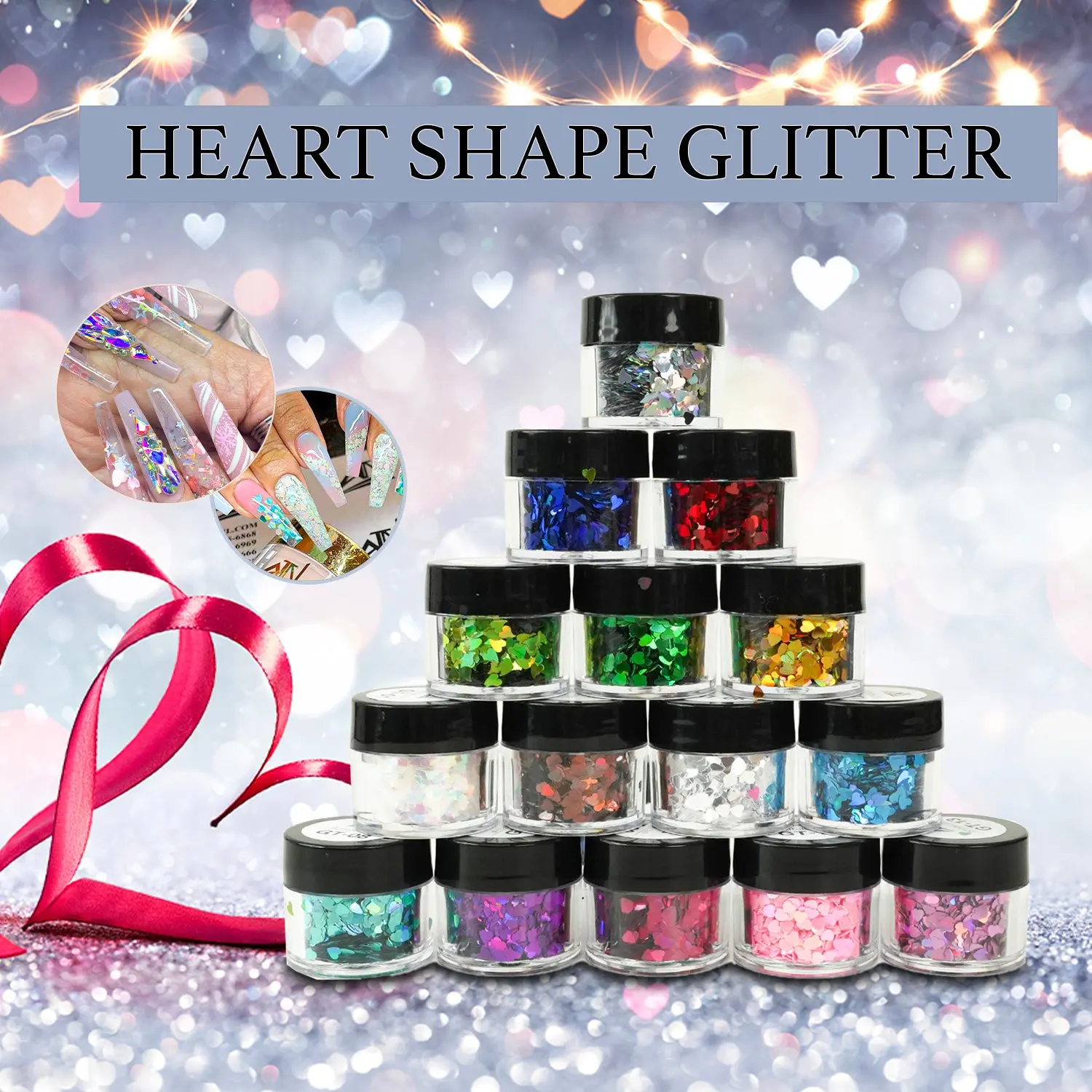 Loose Cosmetic Glitter Jar Set, 16 Vibrant Colors with Heart Shapes for Face, Body, Eyeshadow Makeup & Glitter Nails - Unisex Glam Party Makeup, 0.5oz, 16 Colors, Nail Supplies, Vibrant Look, Decorated Nails