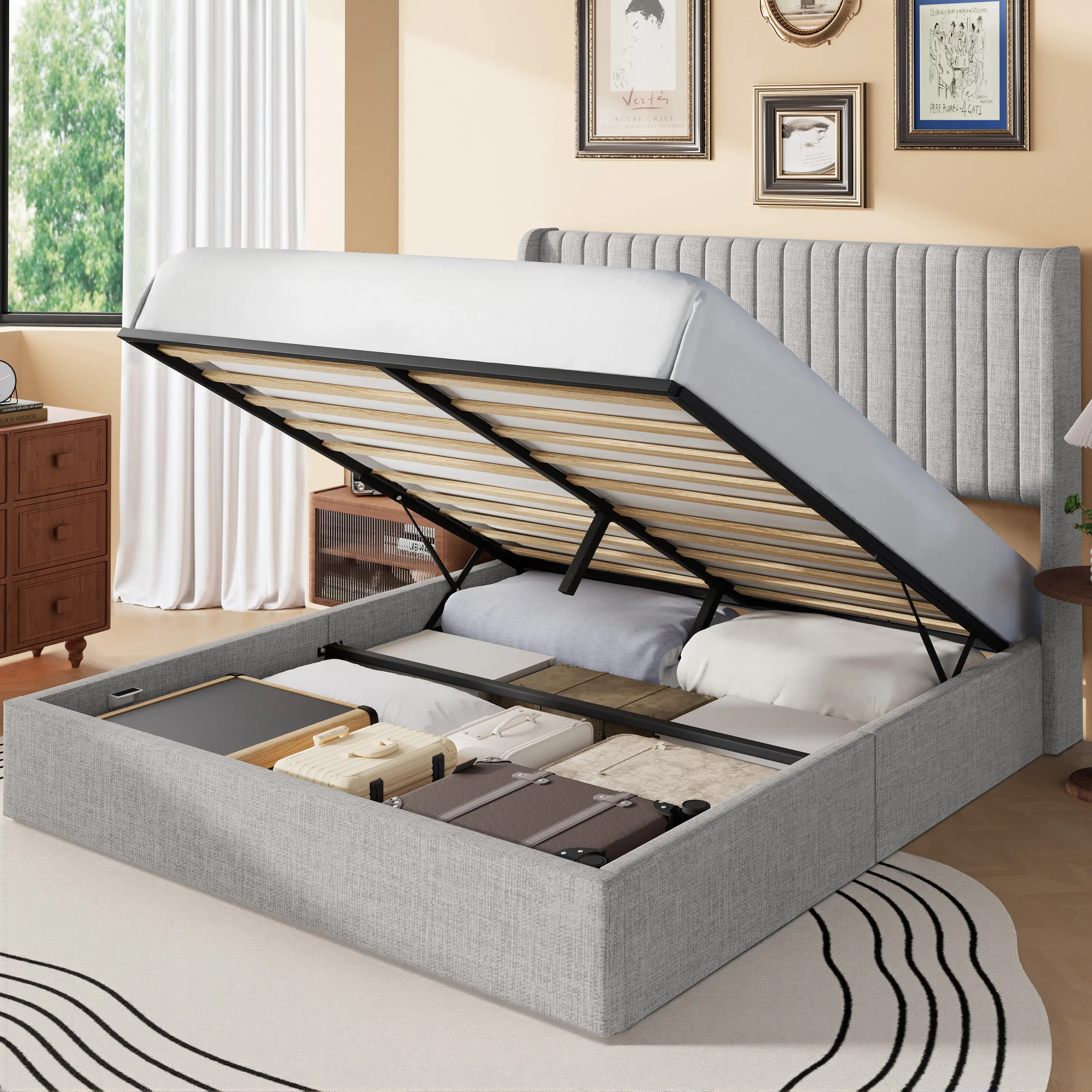 Frostbloom Linen Fabric Lift Up Storage Bed with Wingback Headboard