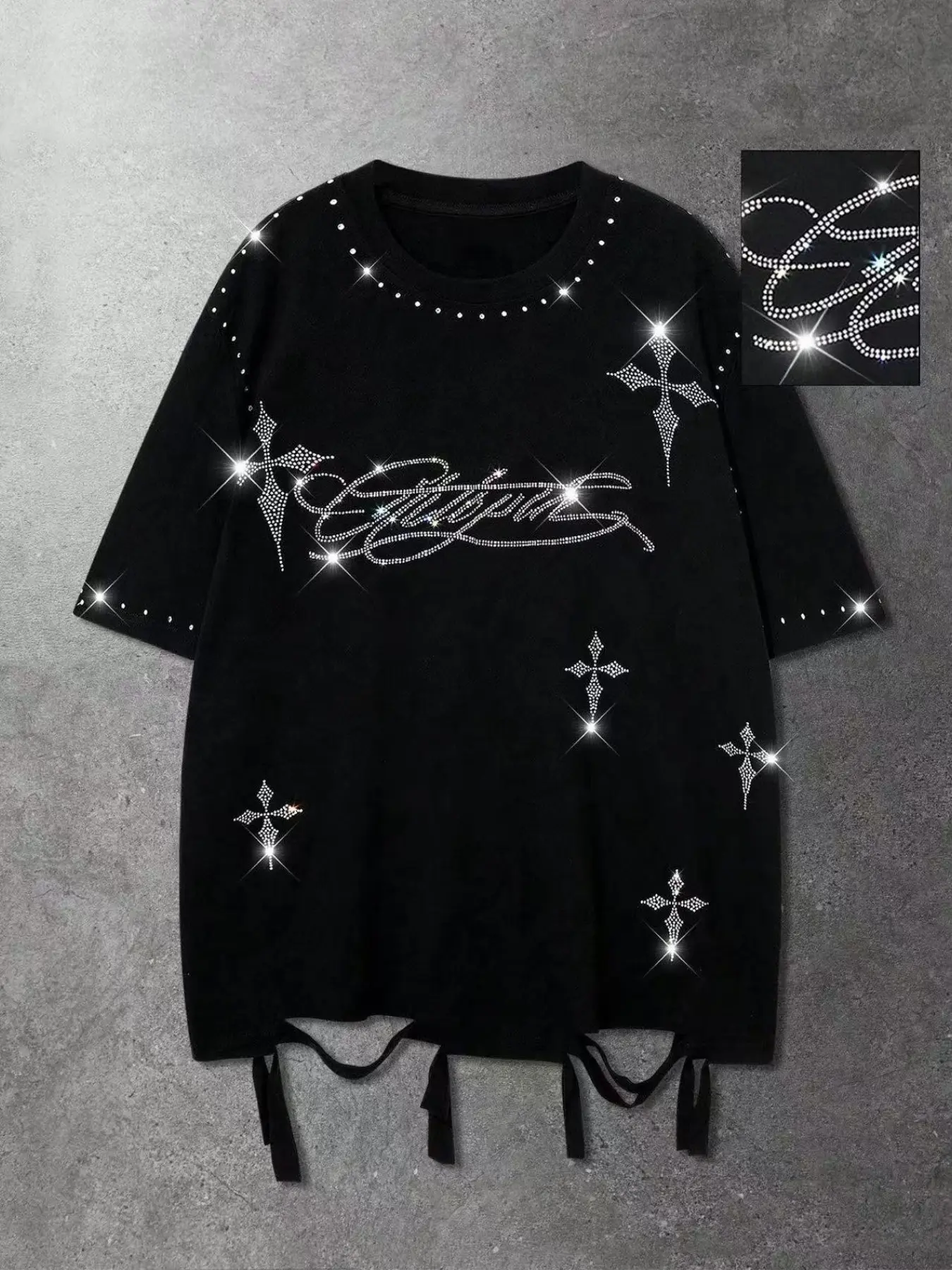 Men's Loose Fit Baggy Oversized Casual Streetwear Summer T-Shirt, Menswear, Ripped Effect, Rhinestone Embellished, Washed Finish, Round Neck, Short Sleeve, Punk Rock Style