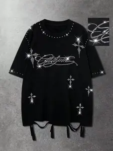 Men's Loose Fit Casual Summer T-Shirt, Ripped Effect, Rhinestone Embellished, Washed Finish, Round Neck, Short Sleeve, Punk Rock Style