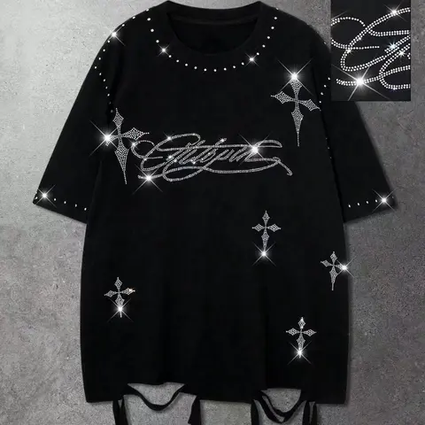 Men's Loose Fit Baggy Oversized Casual Daily Streetwear Summer T-Shirt, Menswear, Ripped Effect, Rhinestone Embellished, Washed Finish, Round Neck, Short Sleeve, Punk Rock Style