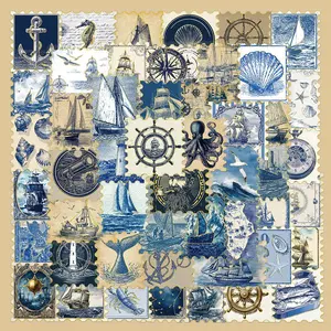A Set of 50 Vintage Blue Nautical Stamp Stickers, Suitable for Scrapbooks, Journals, Laptops, Water Bottles, Cars, and Other Faith-based Designs—gifts with Positive Messages.