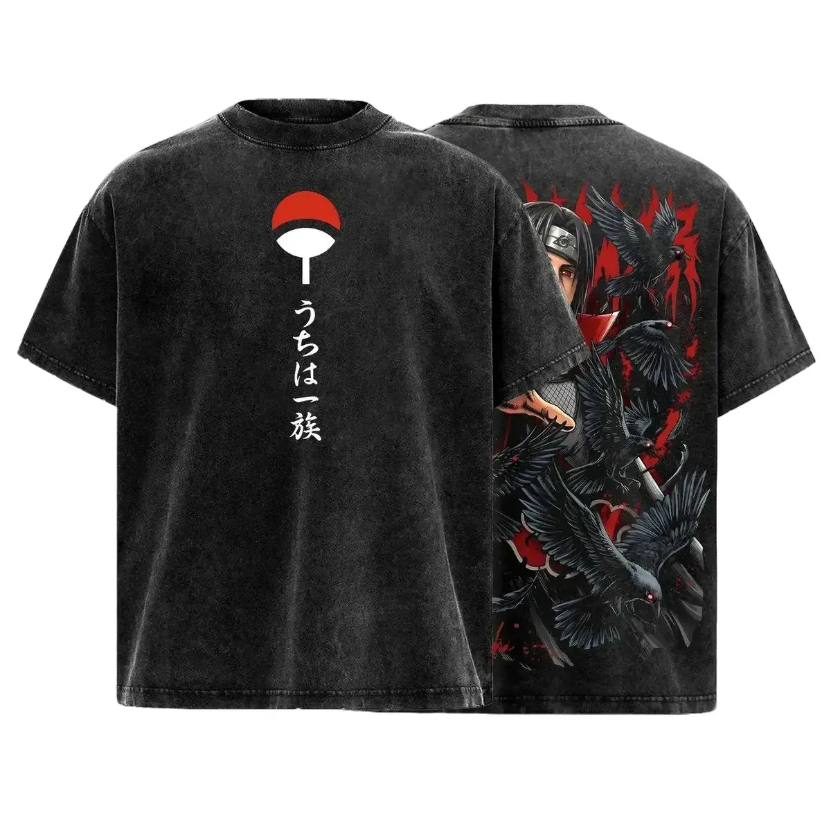 Vintage Washed Oversized Anime Graphic Tee Uchiha Clan Slayer Shinobi Crow Illusion Red Eye Ninja Streetwear Retro 100% Cotton Men Women Y2K Trendy Japanese Manga Top Casual Cool Fan Apparel Cosplay Gift Summer Skater Gym Outfits Aesthetic Clothes Shirt,