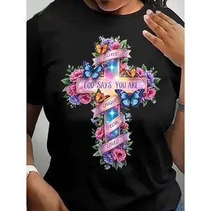 Women's Christian Bible Verse T-Shirt - Floral Butterfly Cross Print with "God Says You Are Loved" & "Especially Beautiful" Short Sleeve Round Neck Top, Breathable Comfortable Pullover Suitable for Church, Prayer, Casual Attire, Spring/Autumn Outfits