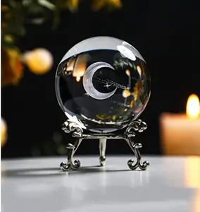 1pc, 60mm Meteor Moon With Base Carved 3D Crystal Ball Decoration, Home Decoration Halloween Holiday Gifts, Halloween Decor, Birthday Decorations Birthday