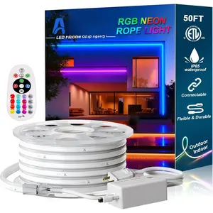 50FT RGB Neon Rope Lights with Remote,120V ETL Led Strip Lighting,Expandable Commercial Grade IP65  Plug-in Led Rope Lights with Dimmable Power Adapter for Outdoor,Indoor Using