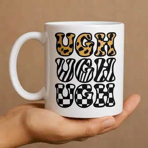 Funny UGH Coffee Mug – Retro Animal Print Ceramic Cup, Cheetah Zebra Checkered Pattern, Cute Sarcastic Gift for Women Beverage Tumbler Reuse