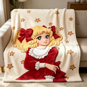 Vintage Candy Candy Anime Girl Golden Hair Red Bow Star Print Flannel Throw Blanket, Cream Base Cute Classic Cartoon Bed Blanket for Sofa Bedroom Decor, All Season Soft Warm Blanket for Anime Collectors Gift