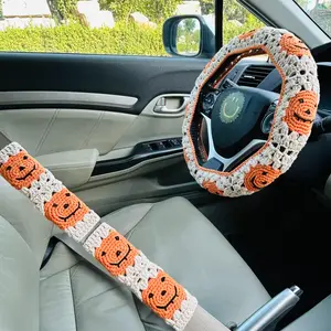 Halloween Handmade Crocheted Pumpkin Steering Wheel Cover, Safe and Stylish Seat Belt Cover for Car Interior Decoration, Car Interior Accessory