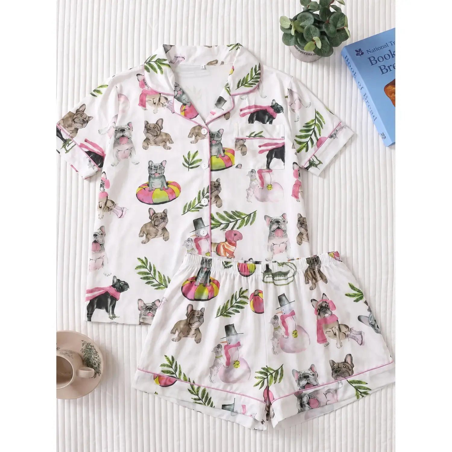2-Piece Cute Bulldog Print Women's Pajama Set, Button-Down Collared Top and Cozy Loose Shorts, Casual Comfortable Sleepwear