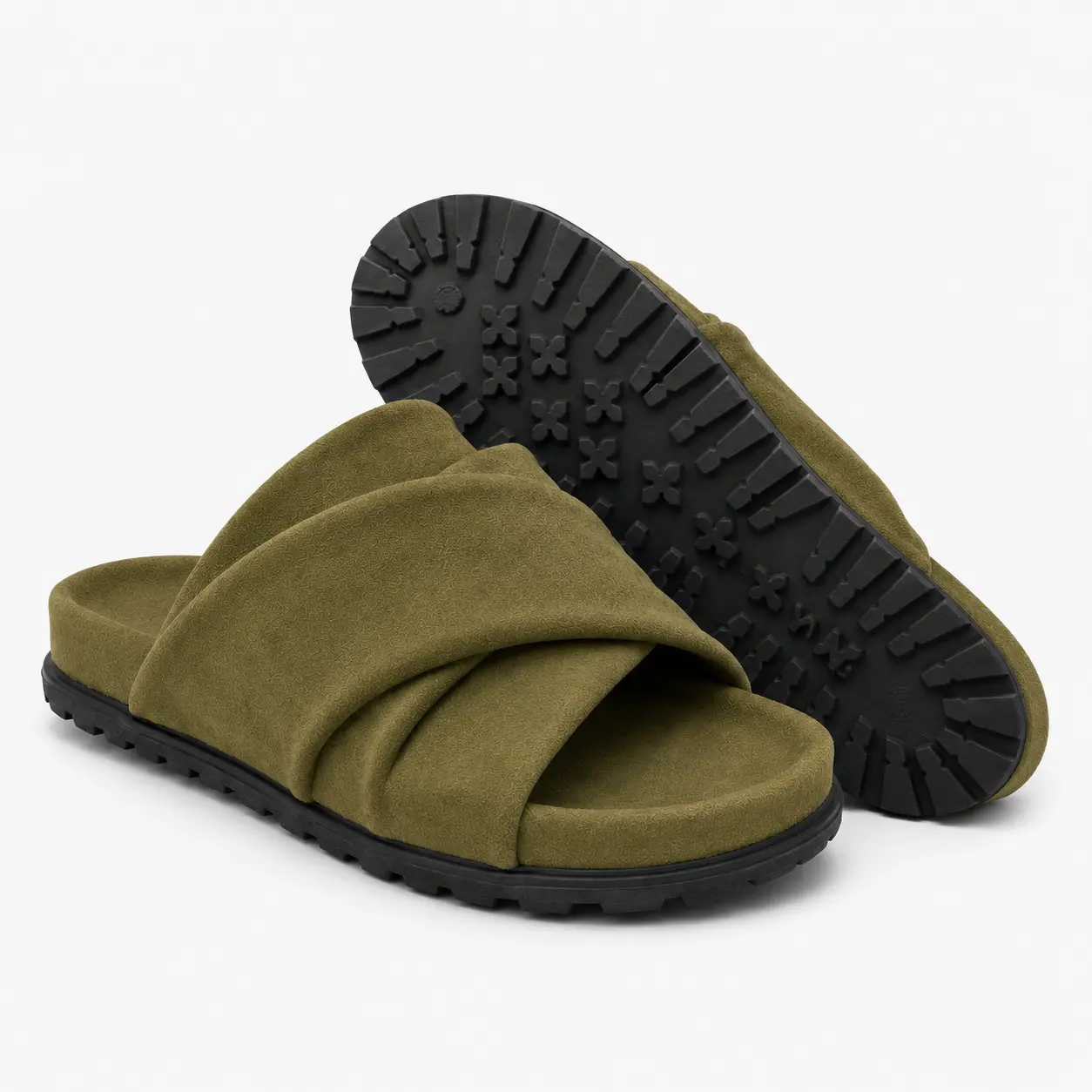 Women's Olive Green Slide Sandals, Indoor Deep Olive and Sunlit Warm Olive, Cushioned Cross-Strap Indoor Outdoor Slippers