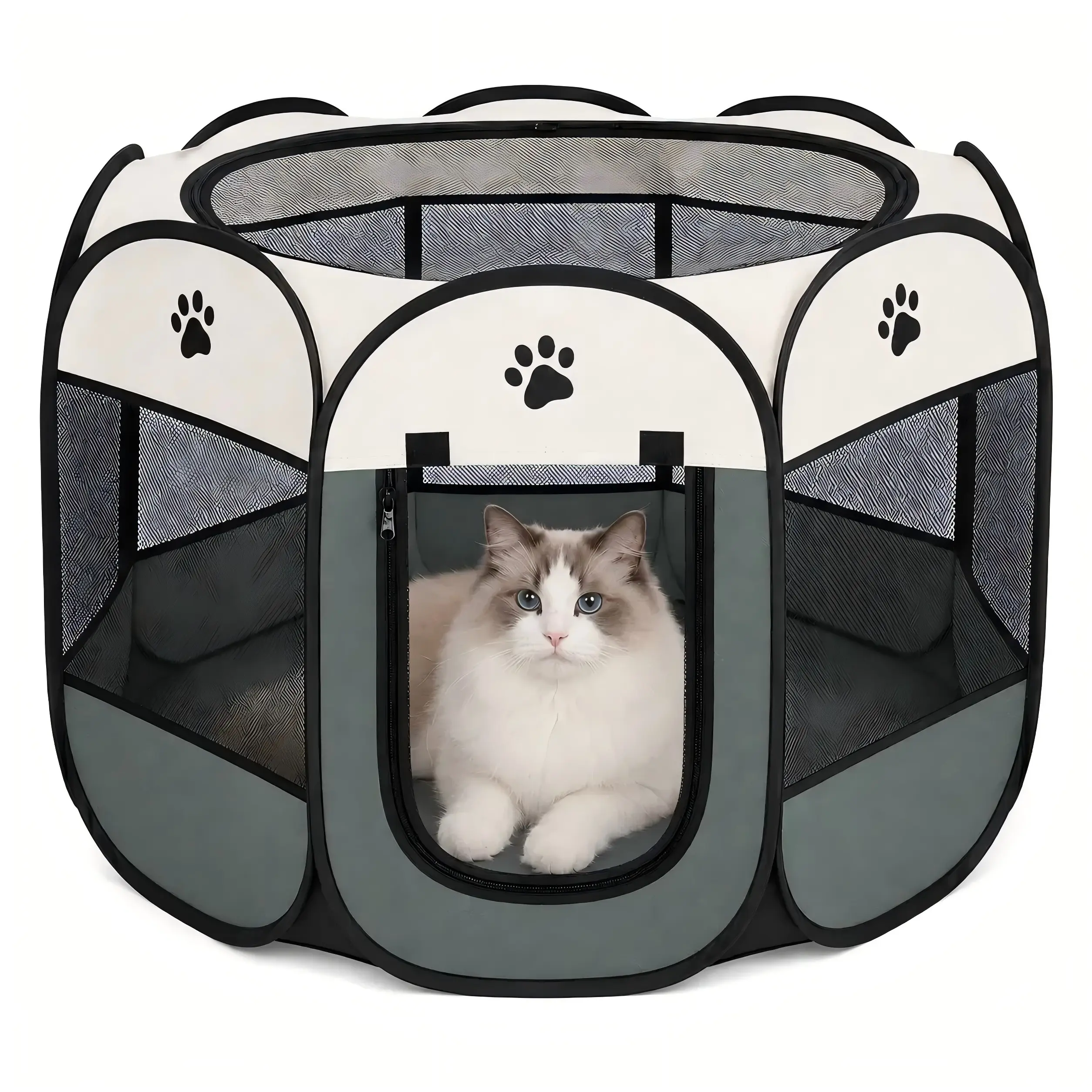 Dog Cat Playpen, Puppy Pet Playpen Indoor for Small Dogs Tent Crates Cage Outdoor, Portable Pop Up Dog Kennel Playpen with Carrying Case for Dogs/Cats/Rabbits, Removable Zipper Top, Grey Kittens