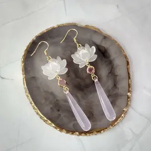 #418 White Lotus Flower Dangle with Pink Rhinestone & Pink Stone Earrings, Daily, Casual, Alloy, Zinc Alloy, Everyday Jewelry