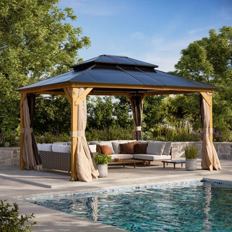 12' x 14' Hardtop Gazebo, Outdoor Polycarbonate Double Roof Gazebo with Netting and Curtains, Patio Gazebo for Decks, Backyards, Lawns and Gardens