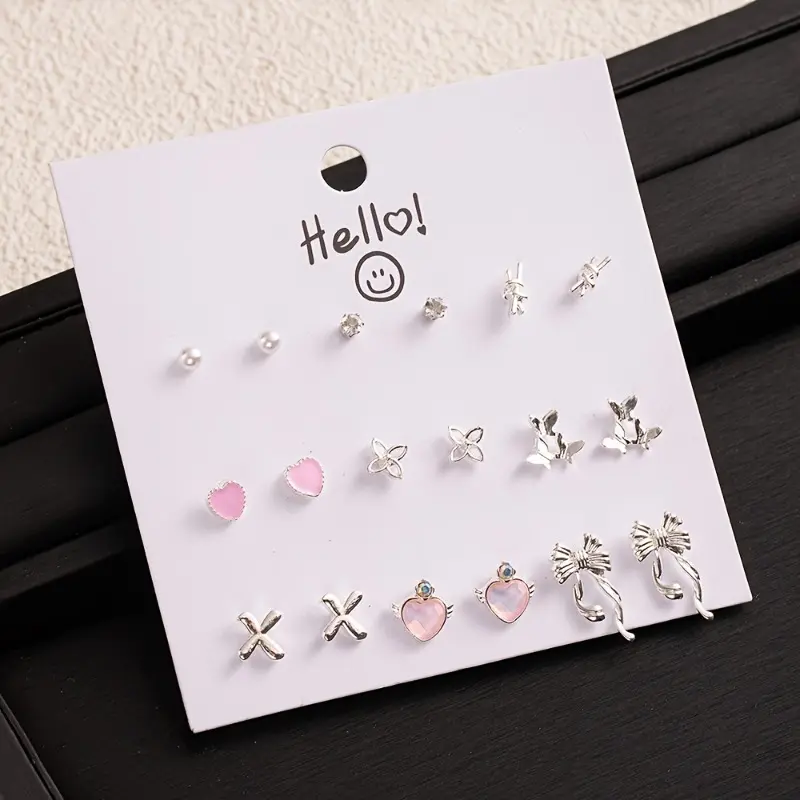 18-piece elegant snowflake bow heart element delicate earring set, suitable for women's daily wear and Valentine's Day gifts, perfect for Valentine's Day and all seasons, cute style, zinc alloy, synthetic cubic zirconia, alloy ear studs, party occasions