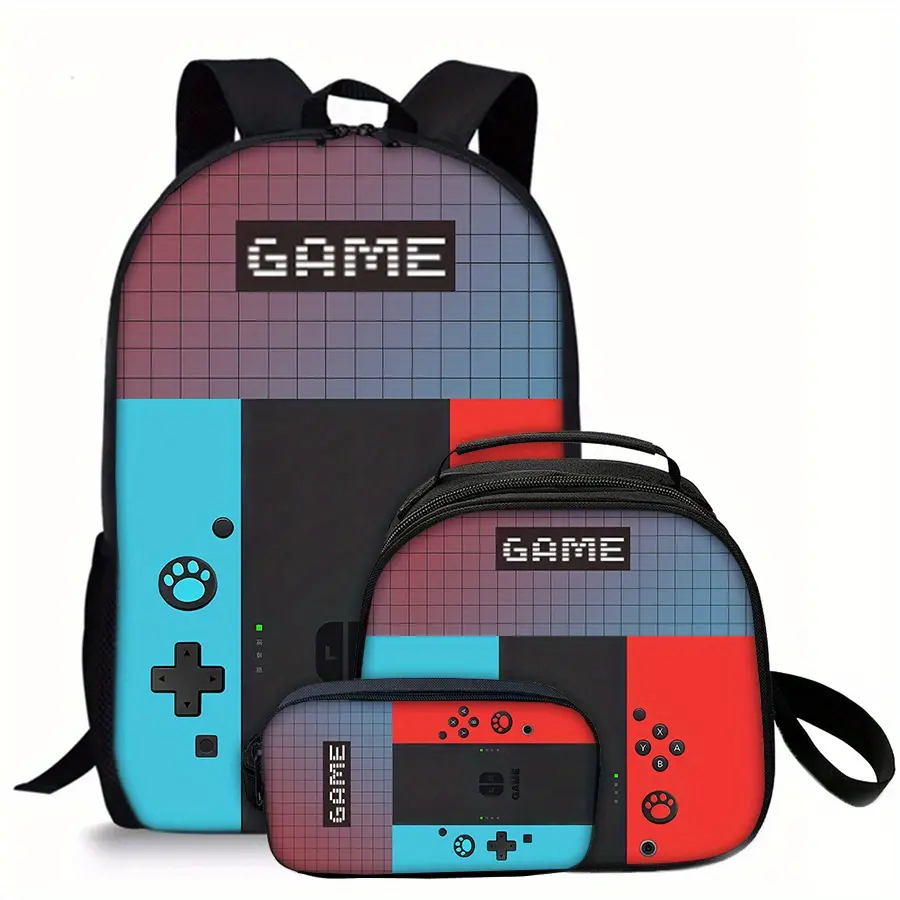 Gaming Retro Controller 3pcs Set - Durable Oxford Cloth Backpack, School Bag with Pixel "GAME" Print, Lunch Bag, Pencil Case, Adjustable Straps for School/Outings, Gamers, Do Not Bleach, Back To School Hauls, Cute Backpacks