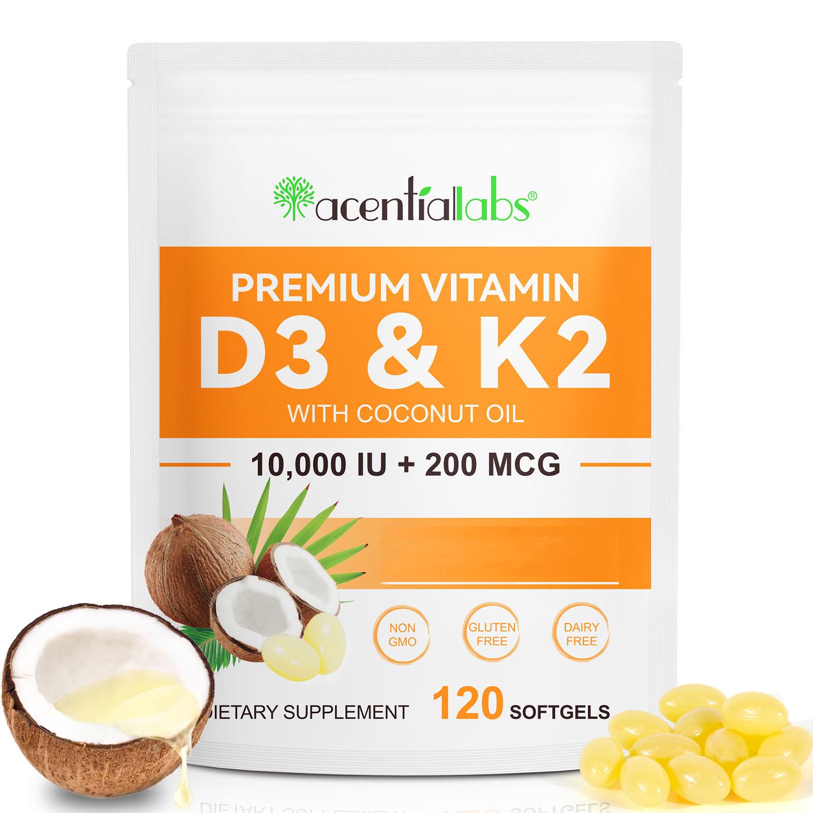 【live】Acentiallabs Vitamin D3 10000 Iu Plus K2 200 mcg, 300 Virgin Coconut Oil Softgels| 2 in 1 Vitamins D & K Complex