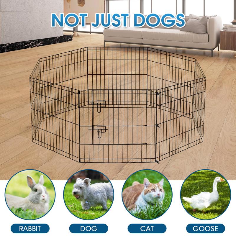 Dog Pen Pet Playpen Dog Fence Indoor Foldable Metal Wire Exercise Puppy Play Yard Pet Enclosure Indoor Outdoor 8 Panels 24 Inch with Bottom Pad/Top Cover (Black with bottom pad)