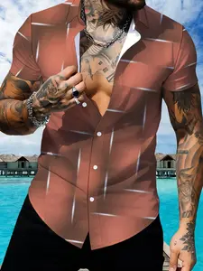 Men's Slim Short Sleeve Shirt, Summer Tropical Geometric Pattern Casual Shirt, Fashion Trendy Men's Wear