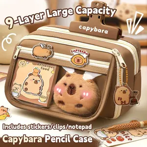Large Capacity Pencil Case, Cute Girl Cosmetic Storage Bag, Includes Brooches and Stickers, Portable Organizer for School Office Supplies, Stationery Supplies