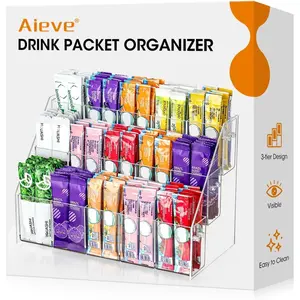 Drink Packet Organizer with 15 Compartments, Water Packet Organizer for Water Flavor Drink Mix, Easy Assembly Acrylic Sugar Packets Holder for Cabinet Kitchen Storage Organization