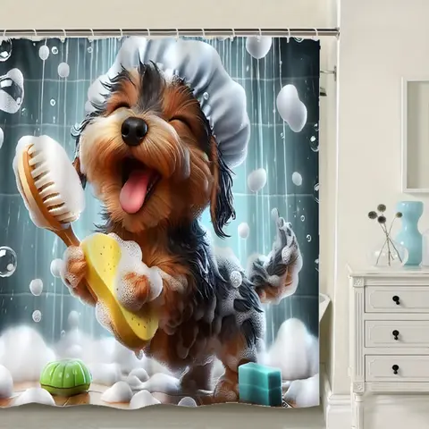 Animal Print Decorative Shower Curtain - Puppy Design, Industrial Bathroom Partition, Gift for Home Decor, Fits Straight-Curved Rods