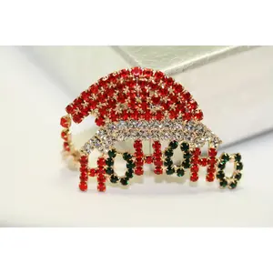 Christmas Red green rhinestone Ho Ho Ho Santa Hat brooch Pin, Xmas Costume Holiday Jewelry Gift