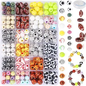 400 Pcs Sports Ball Beads for Jewelry Making,Acrylic Sports Beads Set,Baseball Basketball Soccer Volleyball Softball Football Beads with Box,Sports Spacer Beads for DIY Crafts Key Chains Bracelet,Hand Tools Kits
